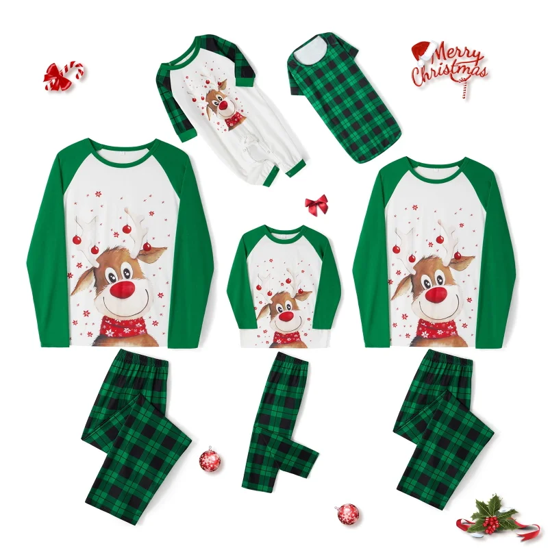 Merry Christmas Dog Print Green Plaid Holiday Matching Pajamas Sets