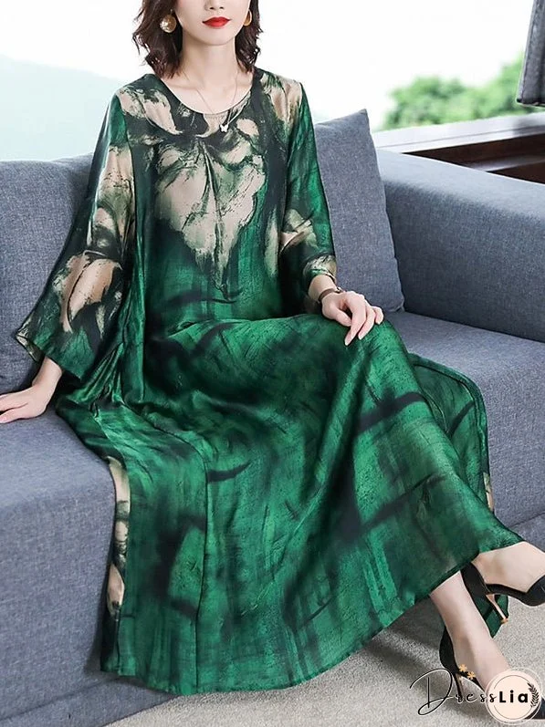 Loose Casual Green Print Beach Maxi Midi Dress