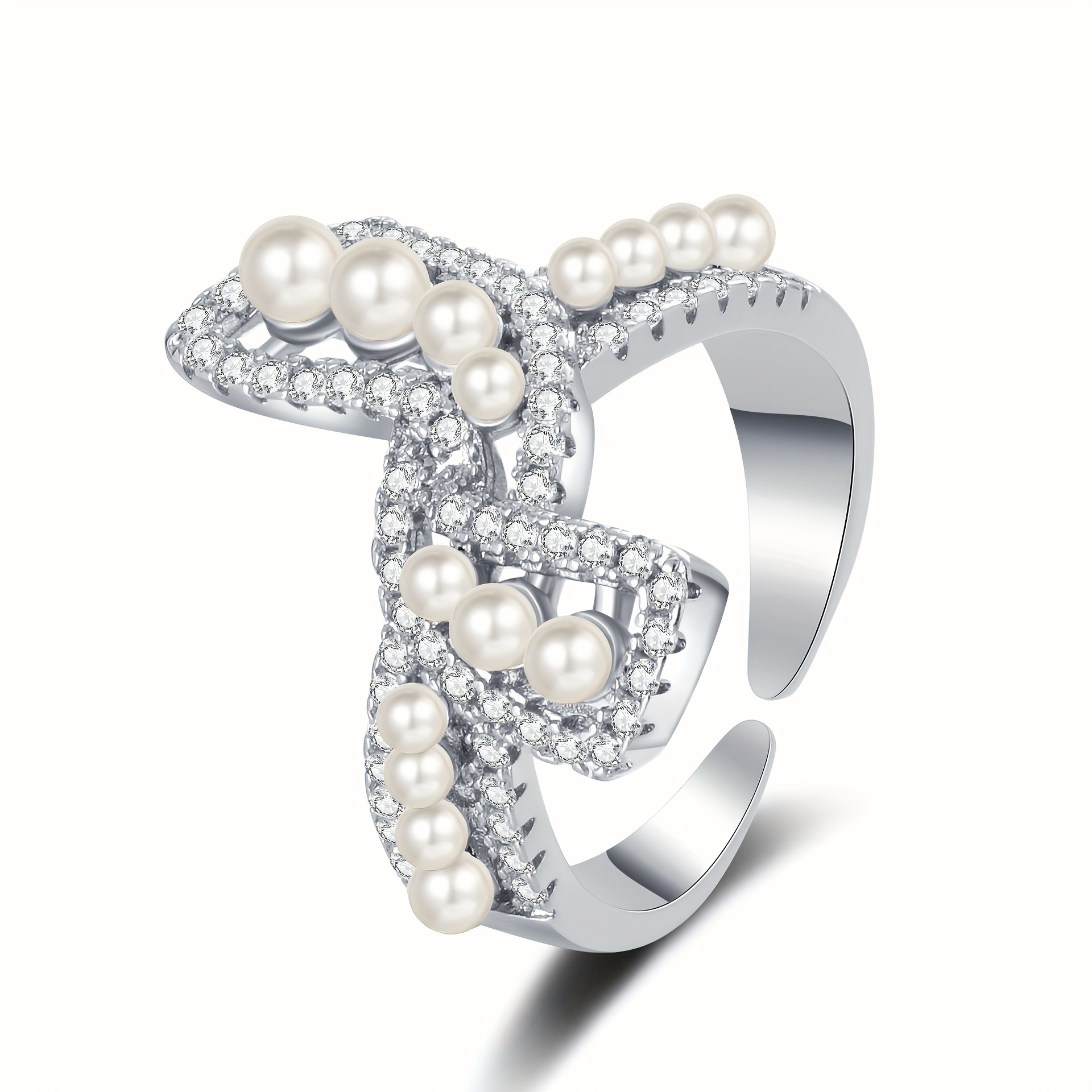 Vintage-Inspired Luxury Butterfly Bow Cuff Ring with Faux Pearl and Cubic zirconia Accents, Copper Base, Adjustable Open Ring for Women - Elegant Jewelry for Daily and Party Occasions