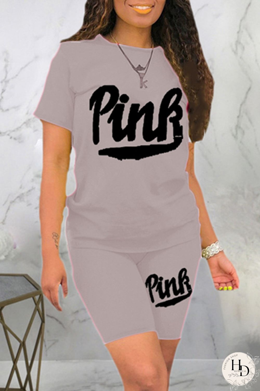 Black Fashion Casual Letter Print Basic O Neck Short Sleeve Two Pieces