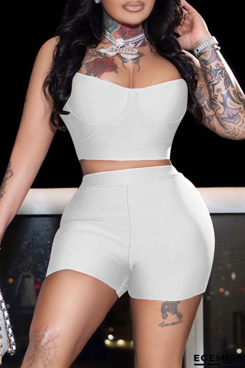 White Sexy Solid Patchwork Spaghetti Strap Two Pieces | EGEMISS