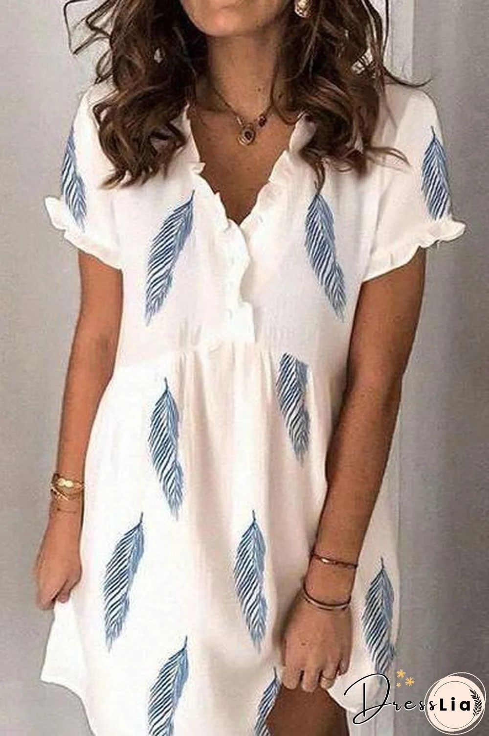 V-Neck Ruched Feather Print Dress