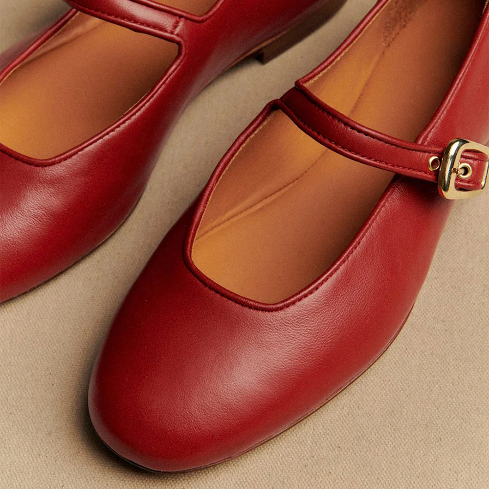 Faux Leather Round Toe Flat Buckle Women Mary Jane Shoes in Red