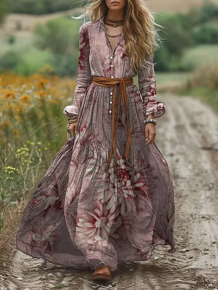Women's Shirt Collar Vintage Hazy Print Long Sleeve Pocket Cotton A-Line Dress