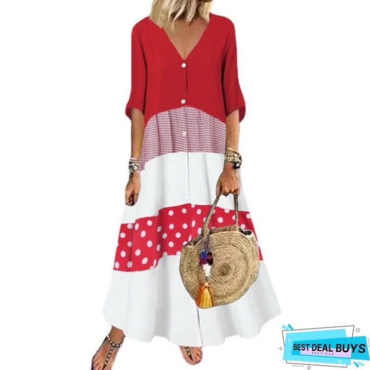 Women's A-Line Dress Maxi Long Dress - Long Sleeve Polka Dot Patchwork Print Spring Fall Plus Size Hot Casual Holiday Vacation Dresses Loose Black Red Yellow Black Dresses