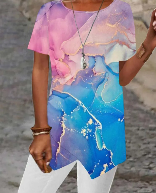 Women Asymmetrical Short Sleeve Scoop Neck Striped Printed Top