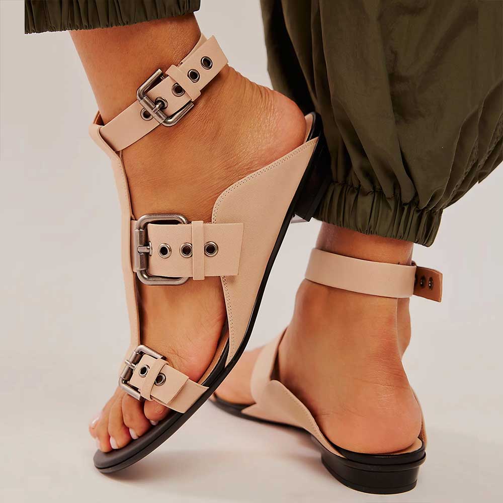 Beige Open Toe Flat Buckle T-Strap Gladiator Sandals Nicepairs