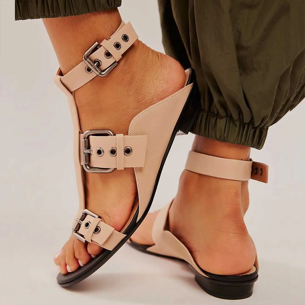 Women's Beige Open Toe Buckle T-Strap Flat Gladiator Sandals Nicepairs
