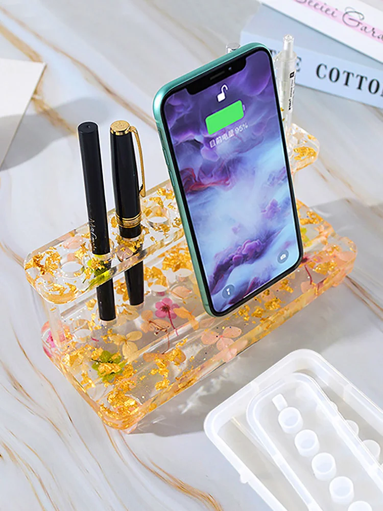 Resin Molds Silicone Pen Holder Pencil Rack Casting Mould with Phone Stand