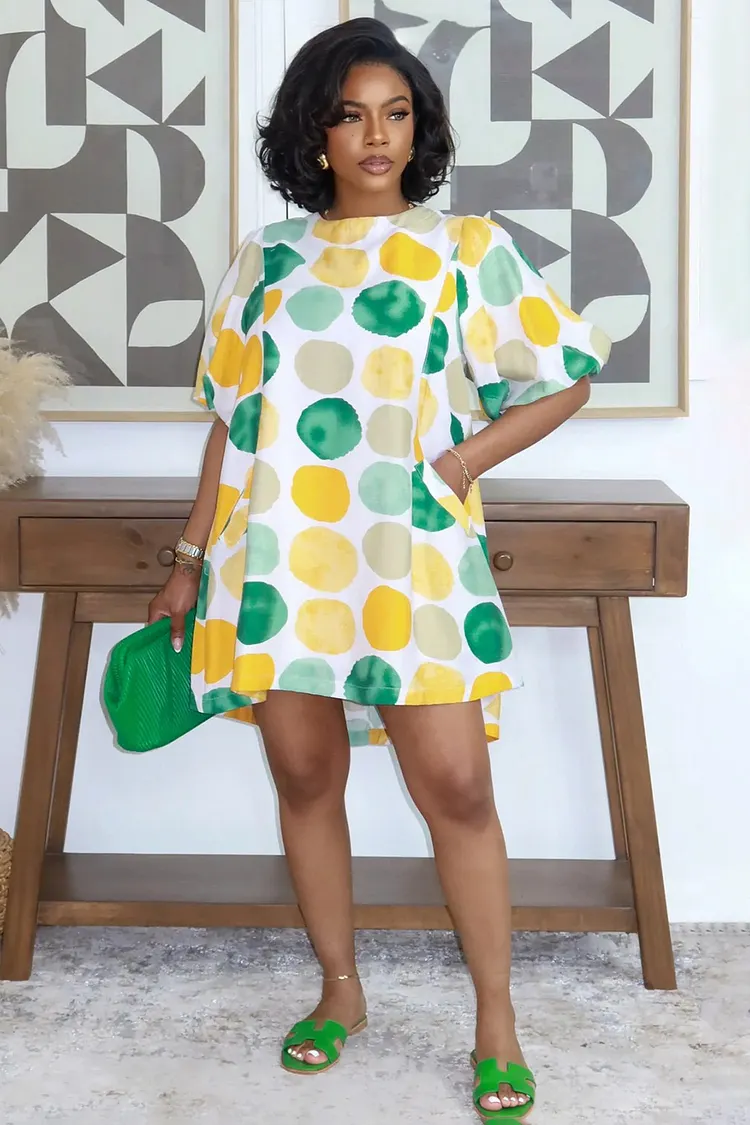 loose fitting mini dress All Over Print Puff Sleeve Loose Fit Mini Dresses-Multicolor [Pre Order]