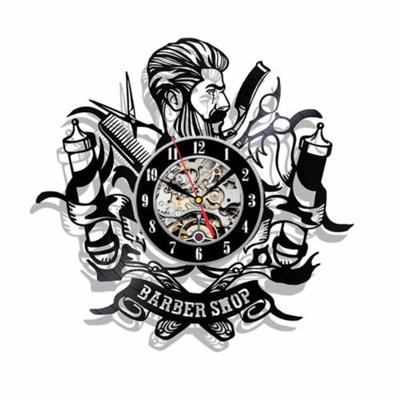 Barber Shop Wall Clock Modern Barbershop Decoration Vinyl Record Wall Clock Hanging Hairdresser Wall Watch for Barber Salon