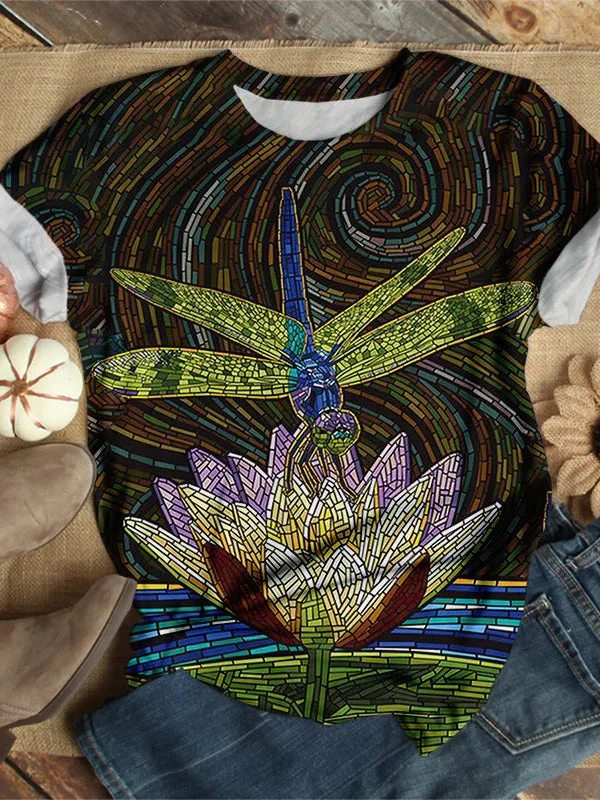Loose Dragonfly Whirlpool Print Short Sleeve Top