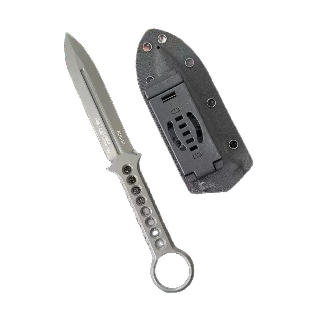 Eight-hole small sword, one-piece Aus-10 steel, portable small straight knife for outdoor camping, self-defense, and wilderness survival.
