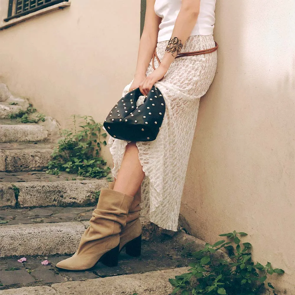 Dark Beige Pointed Toe Slouchy Mid Calf Boots for Women