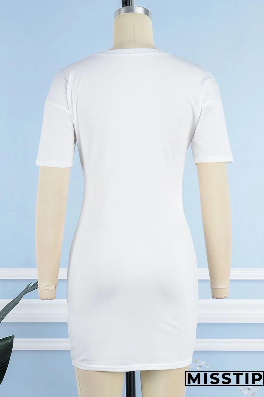 White Casual Letter Print Basic O Neck T-shirt Dress Short Sleeve Dress