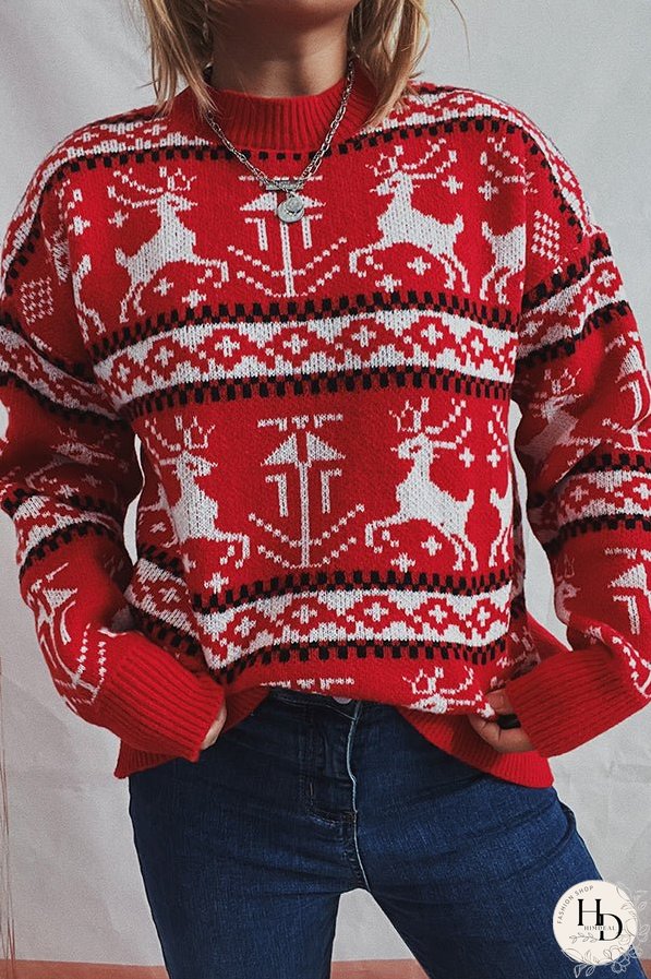 Christmas Pattern Knitted Crew Neck Long Sleeved Sweater
