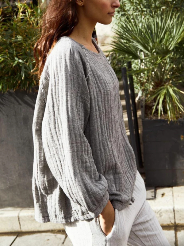 Solid Color Cotton And Linen Round Neck Pullover Top hjn Shicloths