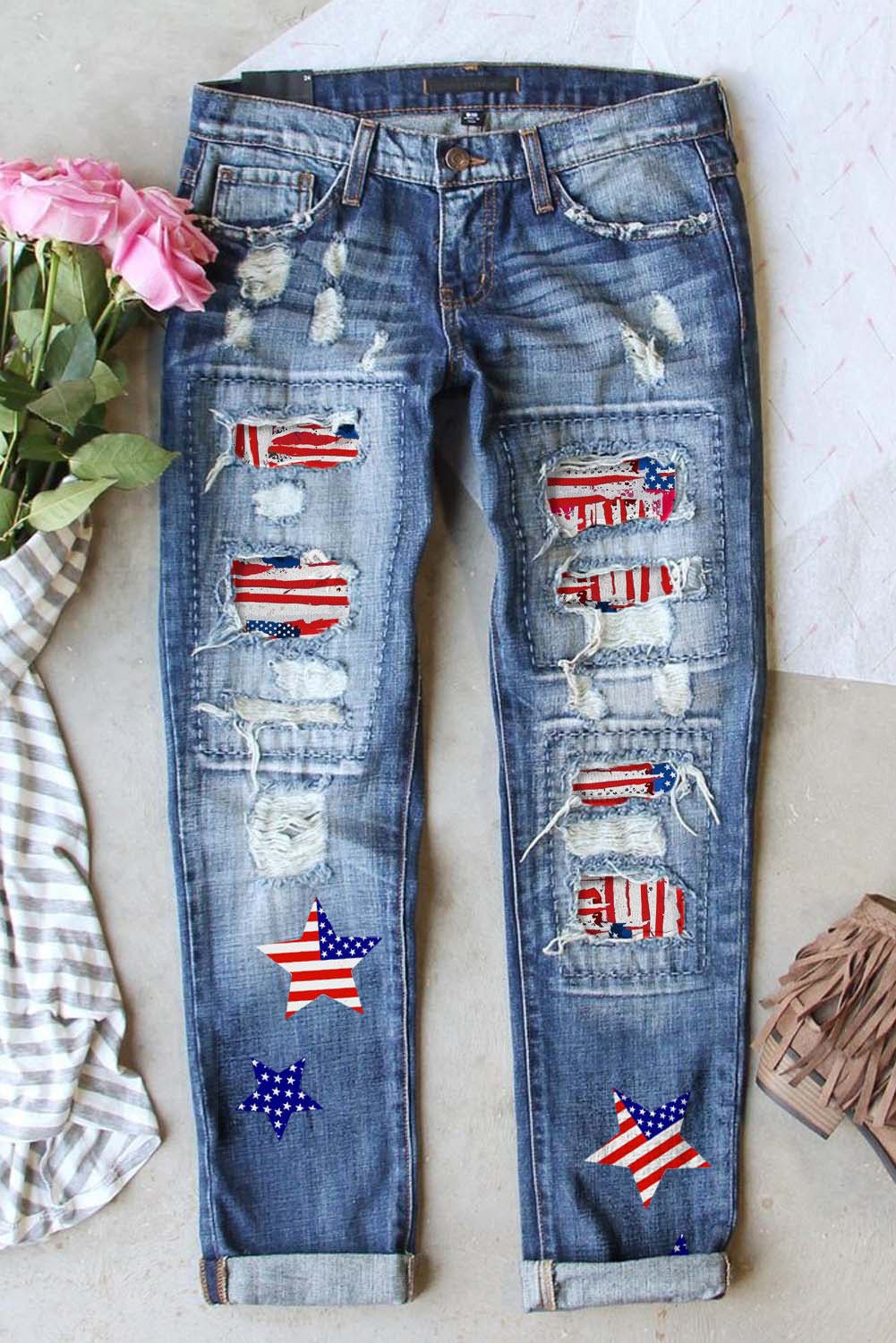 American Flag Star Patchwork Distressed Jeans