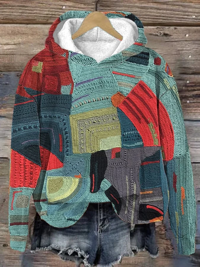 Women's Color Block Printed Hooded Sweatshirt