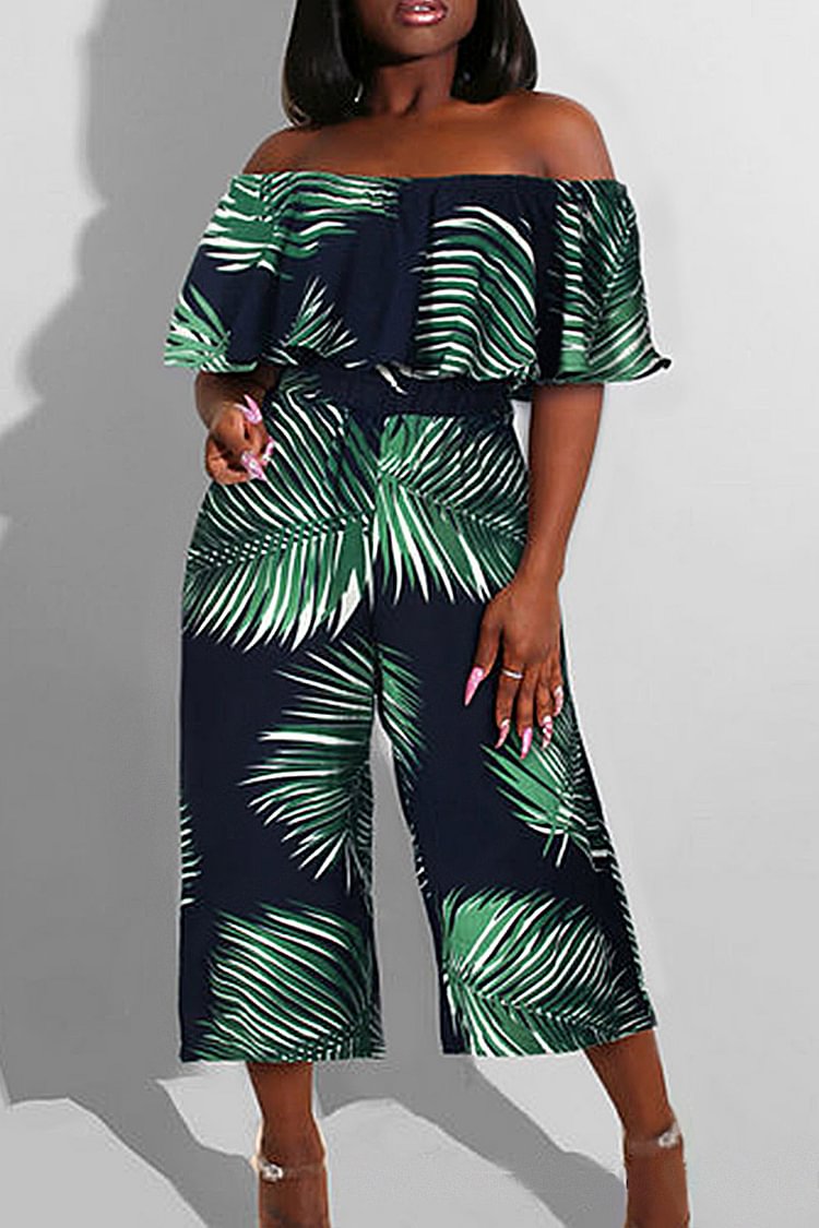 Plus Size Green Daily Tropical Floral Print Off The Shoulder Jumpsuits 