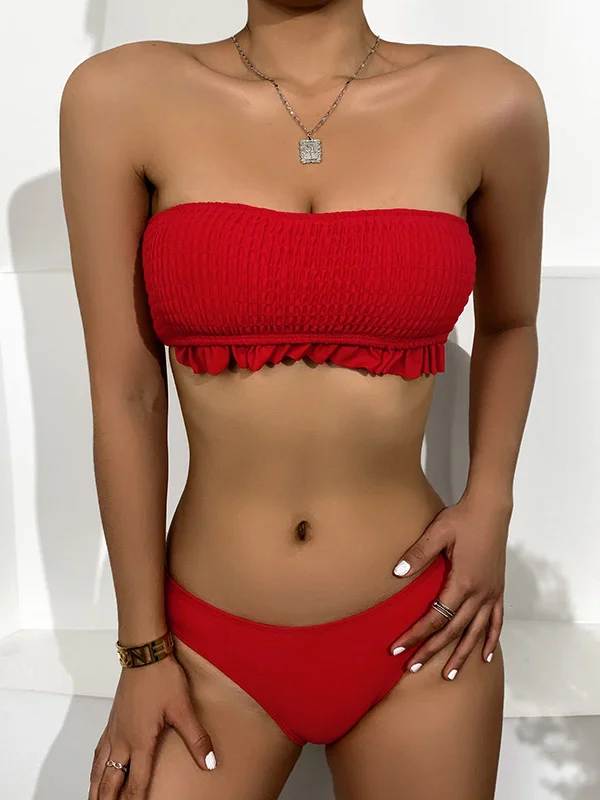 Solid Color Pleated Bandeau Hipster Bikini Swimwear