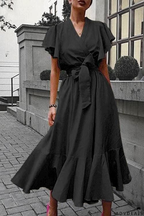 Ruffles V Neck Belted Maxi Dress