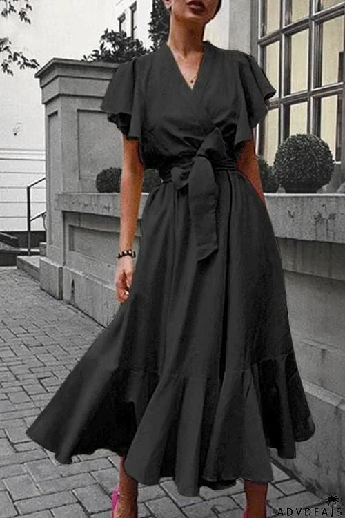 Ruffles V Neck Belted Maxi Dress