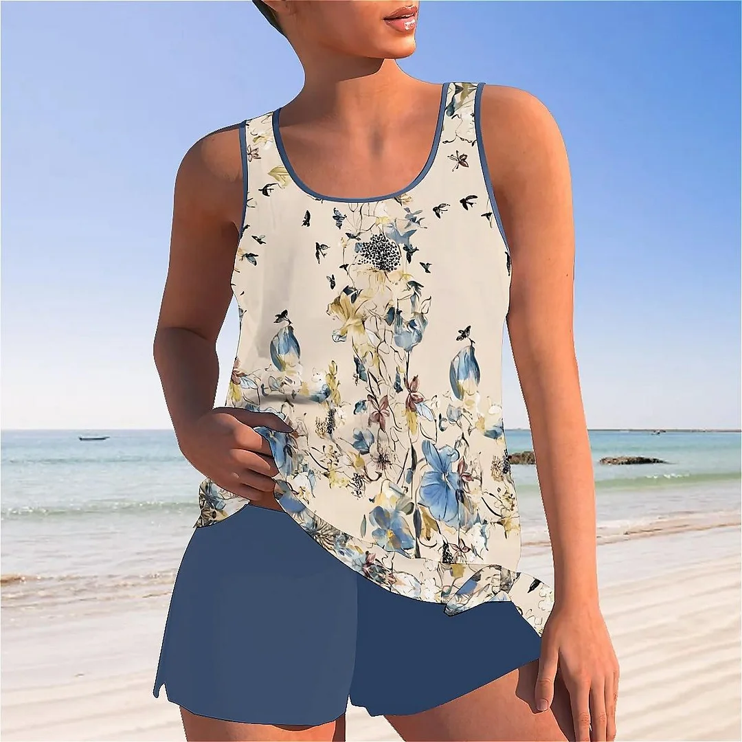 Bowknot Apricot,Floral,Blue Mid Waisted Tankini Set - Plus Size Available