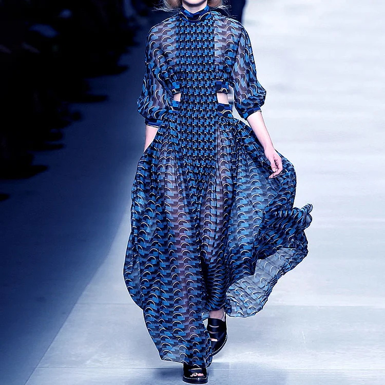 Women Blue Stripes Printed Fashion Long Sleeves High Neck Dress