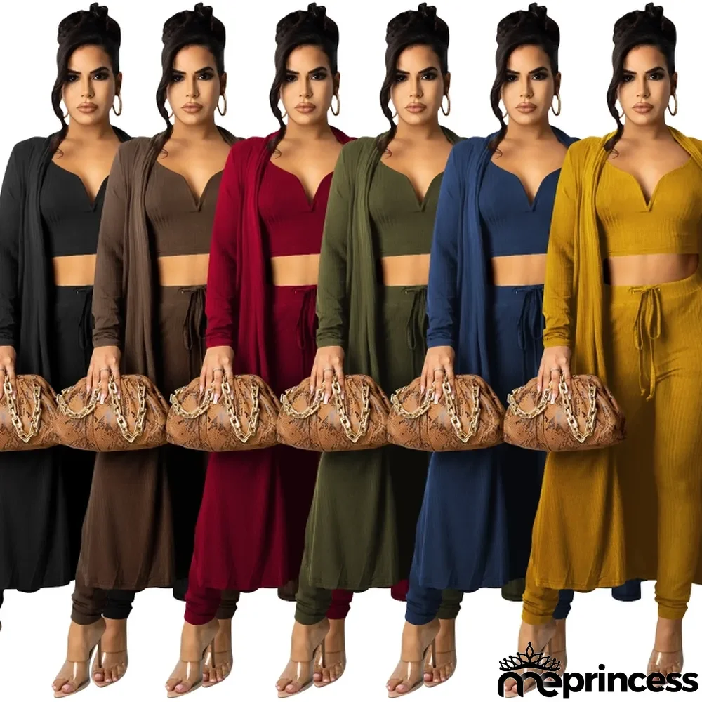 Fall Blue Knit Crop Top and Pants with Matching Cardigans 3 Piece Set