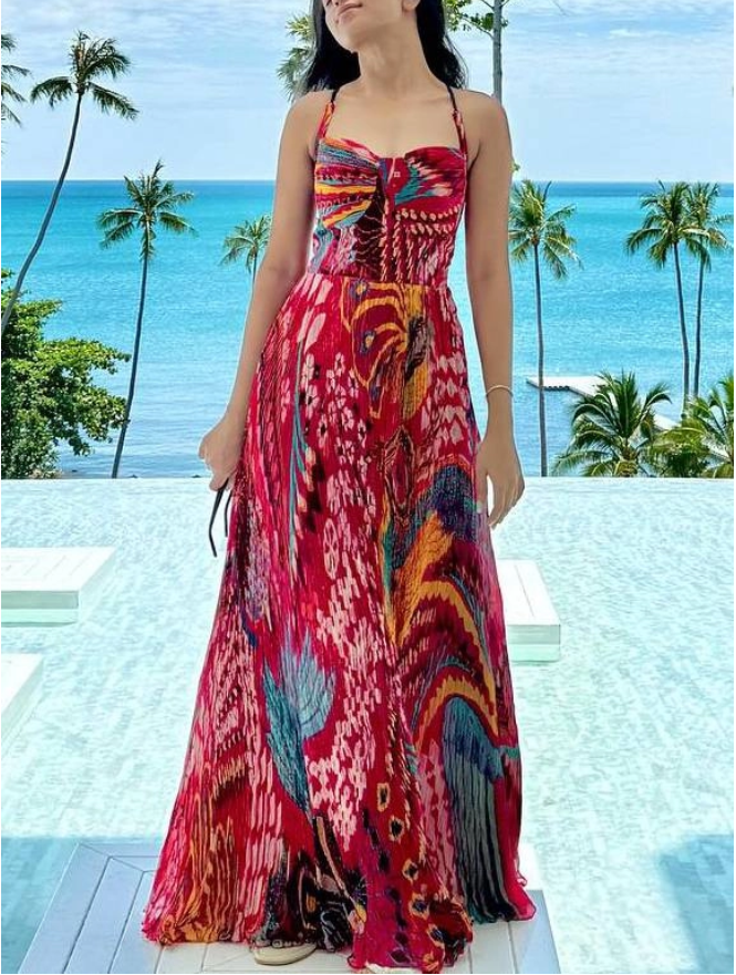 Unique Print A-Line Sling Maxi Dress
