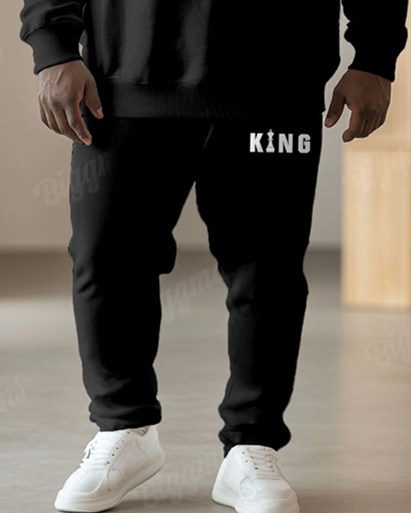 Men's Simple Chess Black King Letter Print Plus Size Round Neck Sweatshirt Suit
