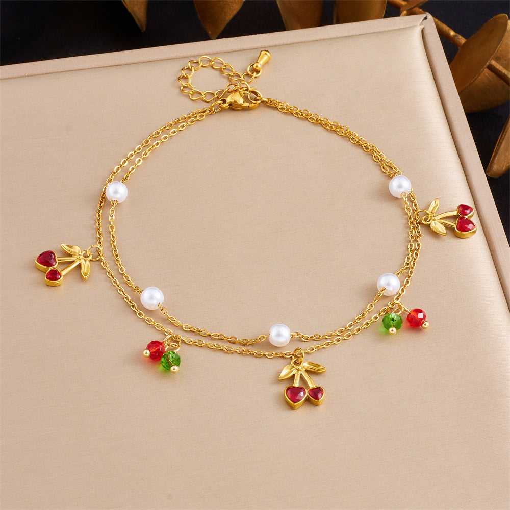 Korean Style Fashion Stacking Double Chain Diamond Cherry Starfish Flower Star Moon Pendant Stainless Steel Anklet Female