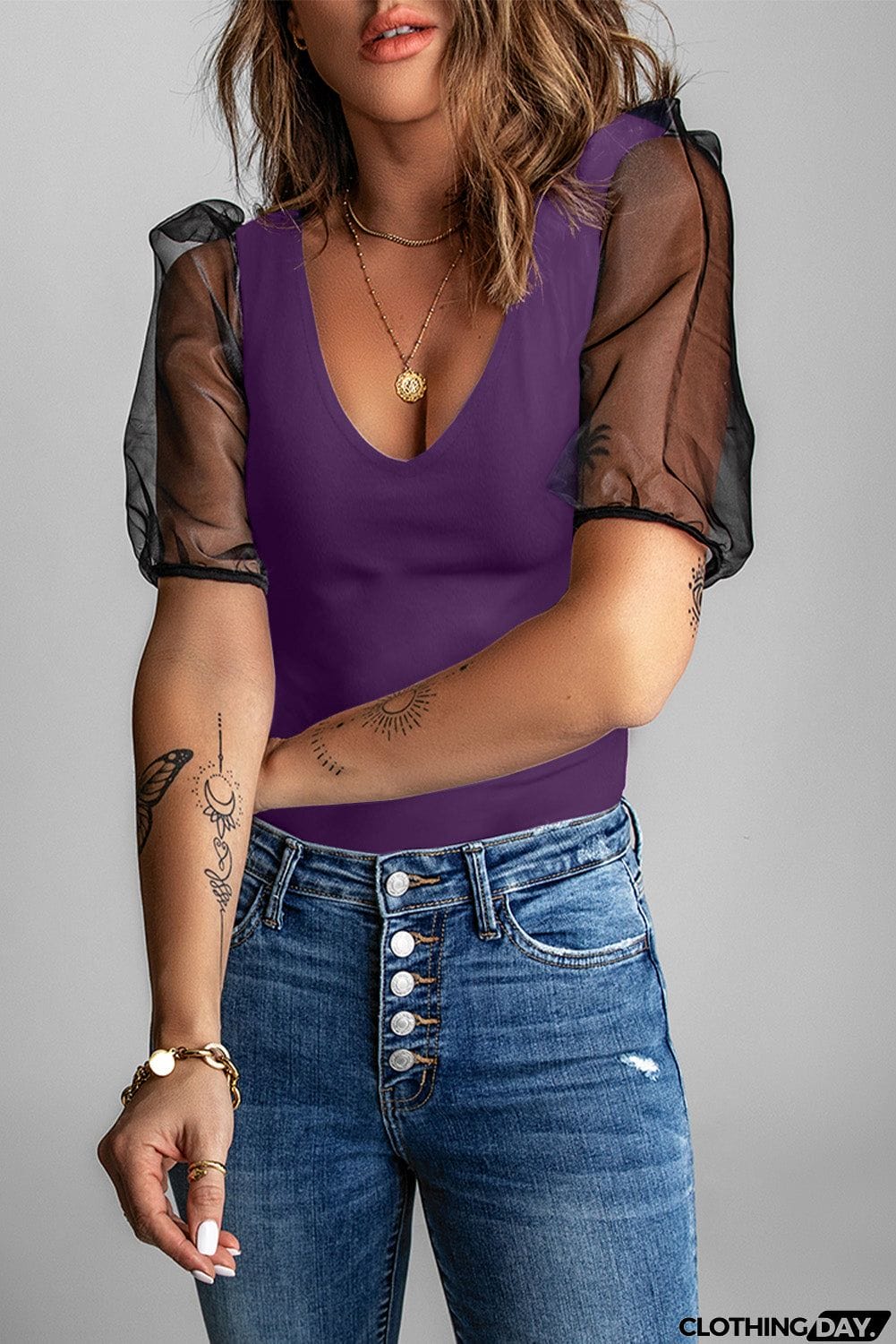 Purple Mesh Puff Short Sleeve Top