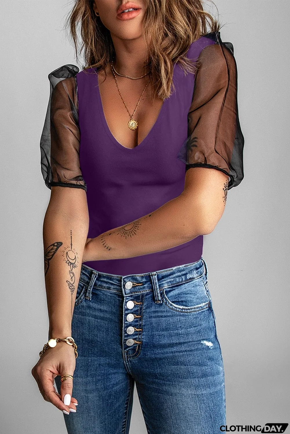 Purple Mesh Puff Short Sleeve Top
