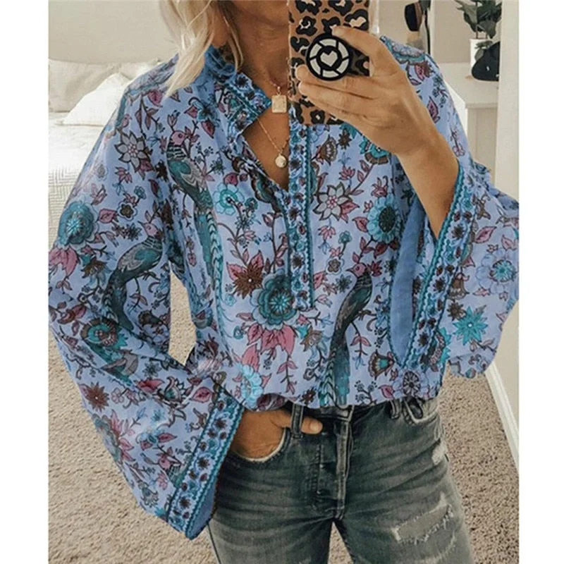 GAOKE Women Peacock Print Boho Blouse Elegant Vintage Long Sleeve Blouse Shirt Spring Autumn Female V-Neck Button Blusa Tops