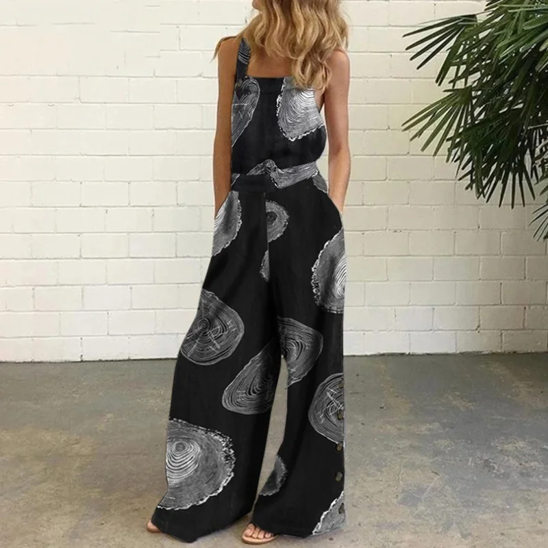 Casual Printed Sleeveless Side Pocket Wide Leg Jumpsui