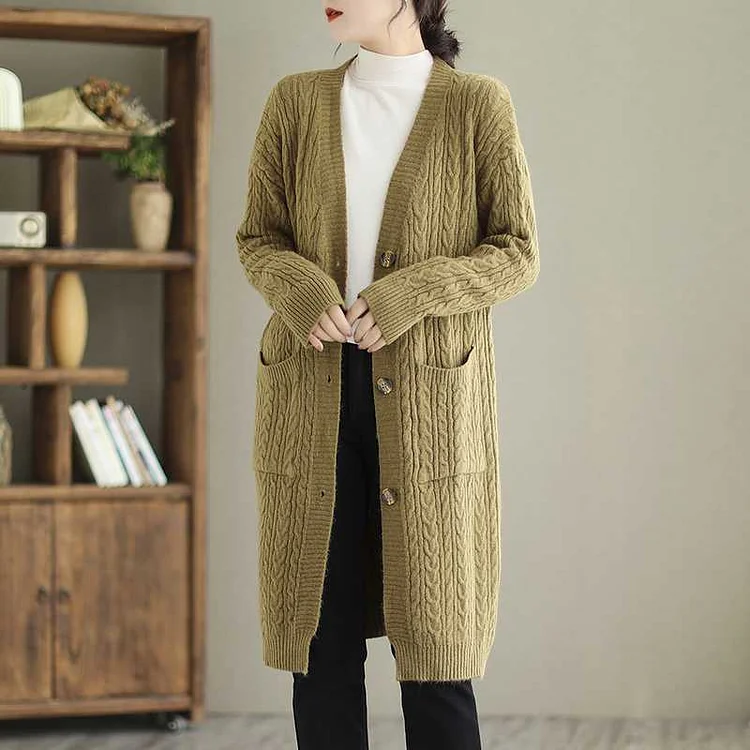 VChics Solid Color V-Neck Long Sleeved Sweater Cardigan