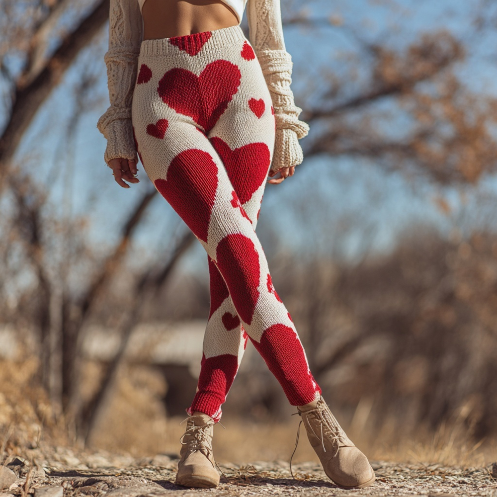 Vintage Valentine's Day Hearts Pattern Comfy Knit Leggings wearshes