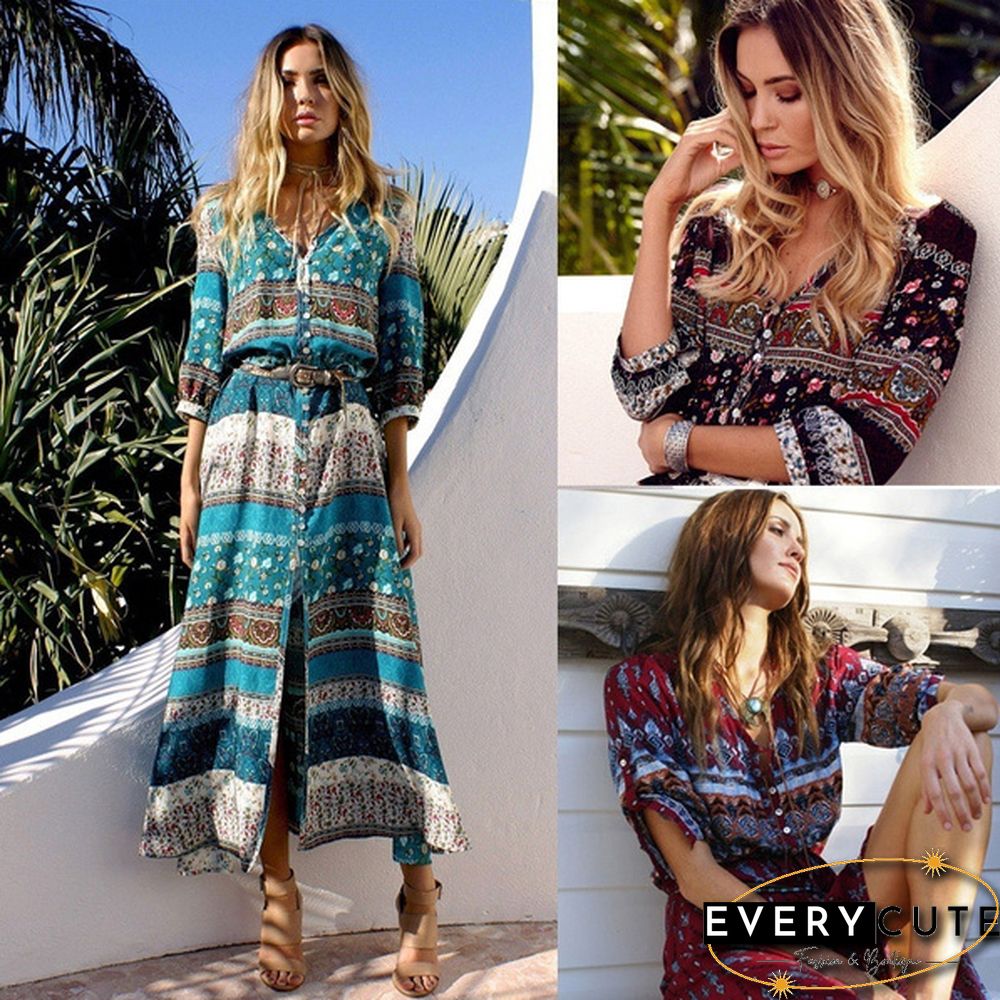 Women new Bohemian printing long dress women long dress floral print retro hippie chic clothing boho dress