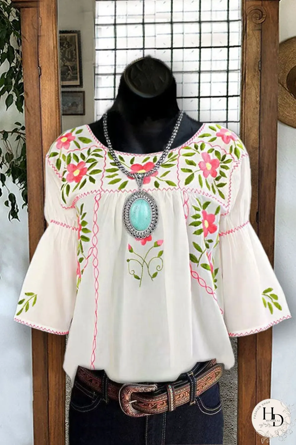 Casual Round Neck Floral Printed Bell Sleeve Blouses