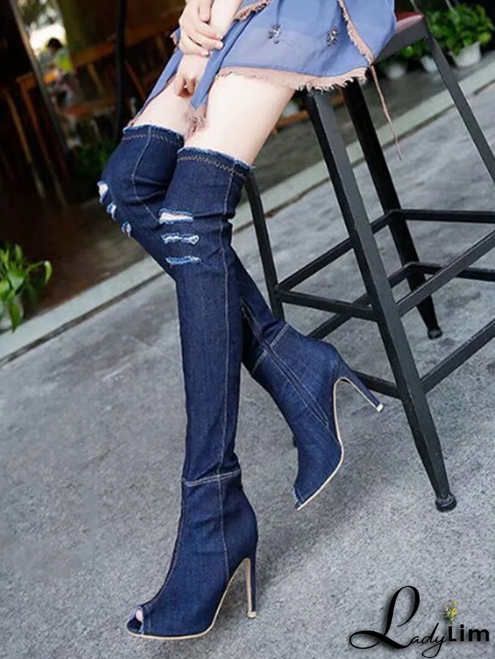 Fashion Ripped Denim Raw Edge Open Toe Thigh High Boots