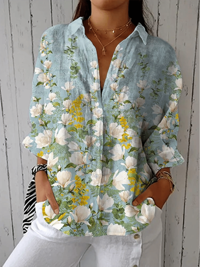 Women's Vintage Botanical Floral Art Print Lapel Shirt 