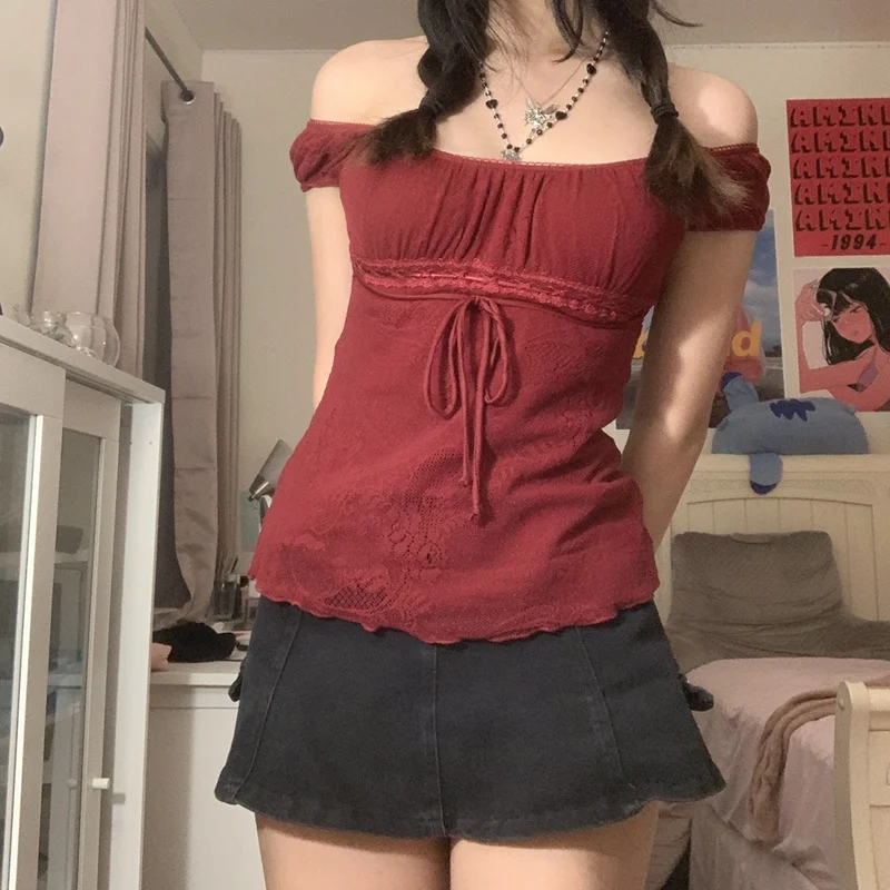 Elegant Lady Square Collar T-shirt Kawaii Bow Short Sleeve Pullovers Tees Crop Top