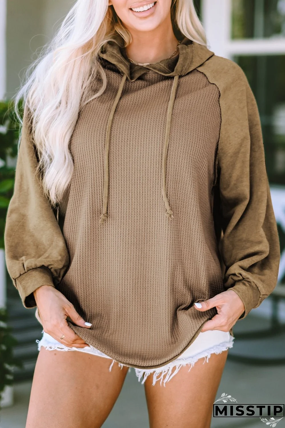 Waffled Expose Seam Drawstring Hoodie