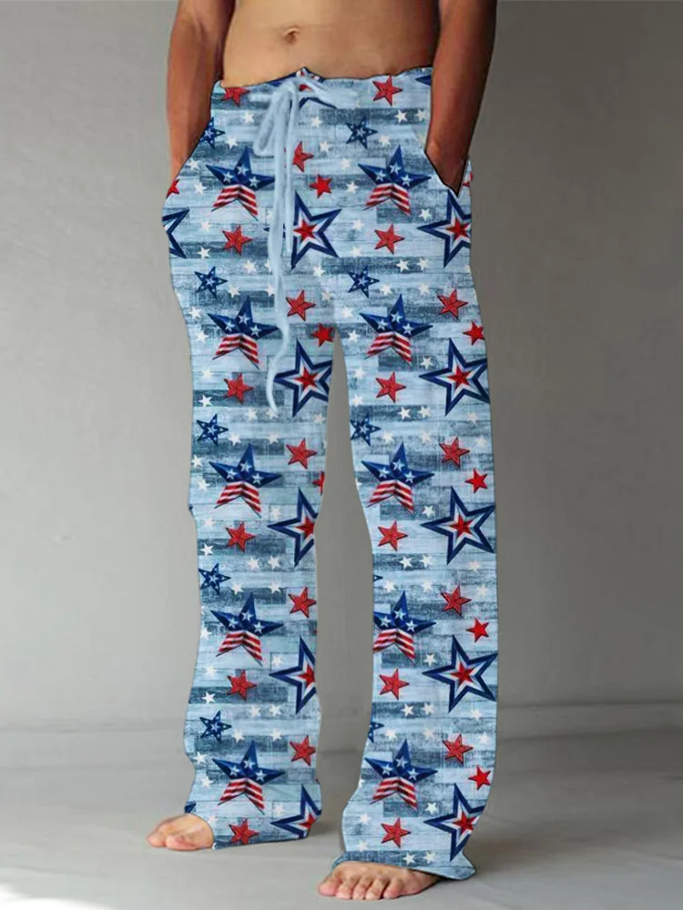 Independence Day Flag Colorway Star Print Linen Casual Pants