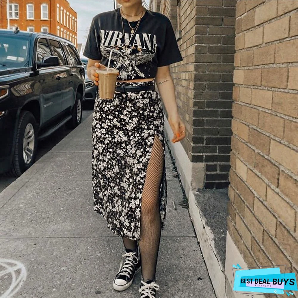Women's Skirt Midi Polyester Black Purple Brown Green Skirts Summer Split Print Without Lining Fashion Holiday Vacation S M L