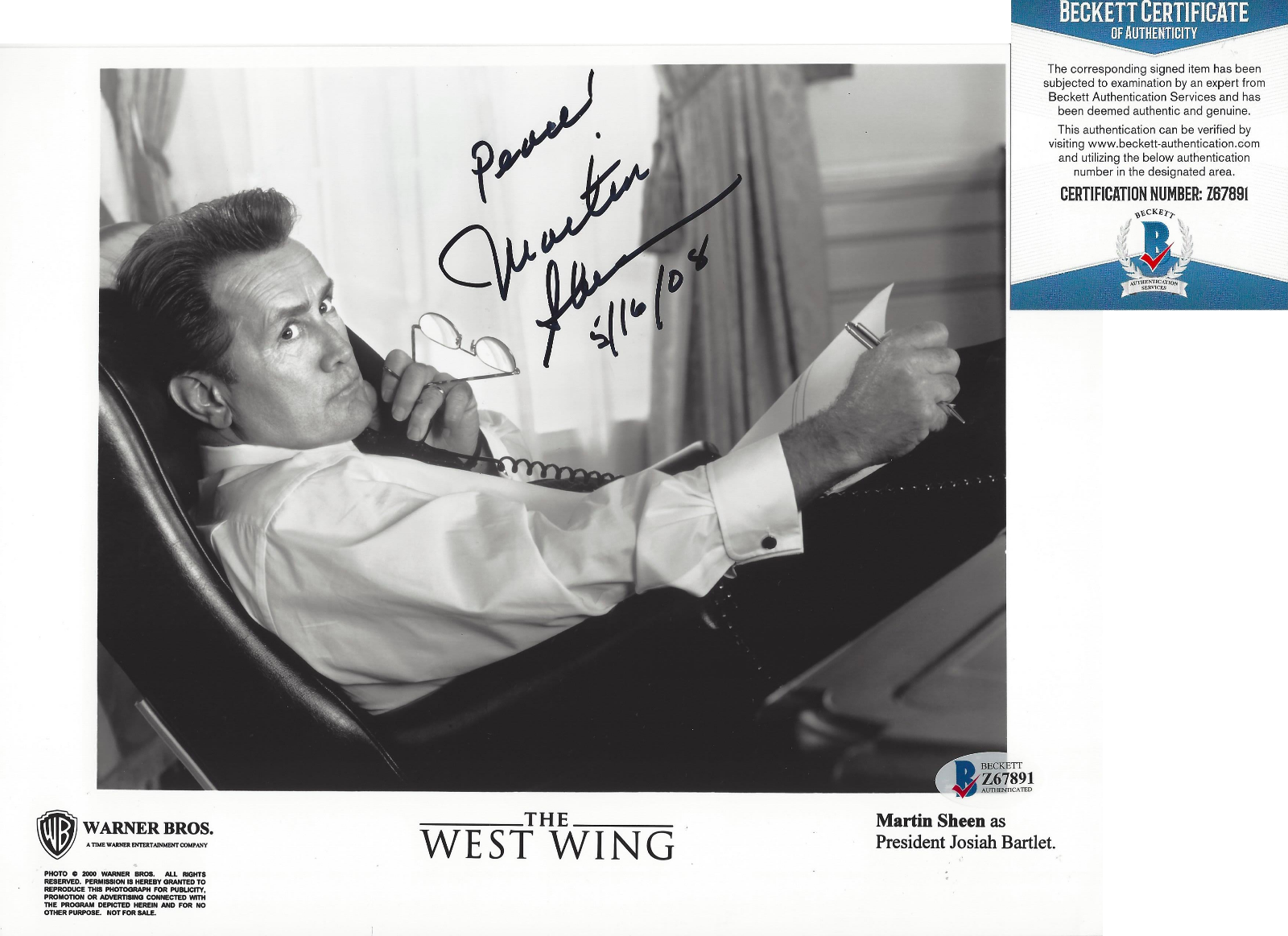 MARTIN SHEEN SIGNED THE WEST WING PRESIDENT BARTLET 8x10 Photo Poster painting G BECKETT COA BAS