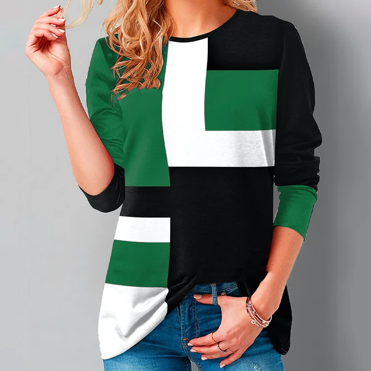 Wearshes Casual Geometric Colorblock Long Sleeve T-Shirt