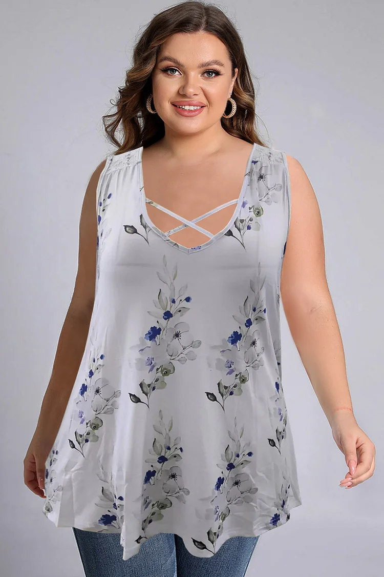 Plus Size Cross Strap Lace Stitching Floral Print Casual Tank Top  Flycurvy [product_label]